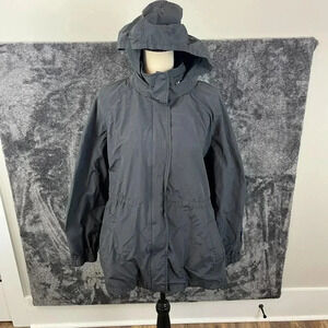 Eileen Fisher Hooded Rain Jacket Black Women's L Nylon Cotton Cinched Coat